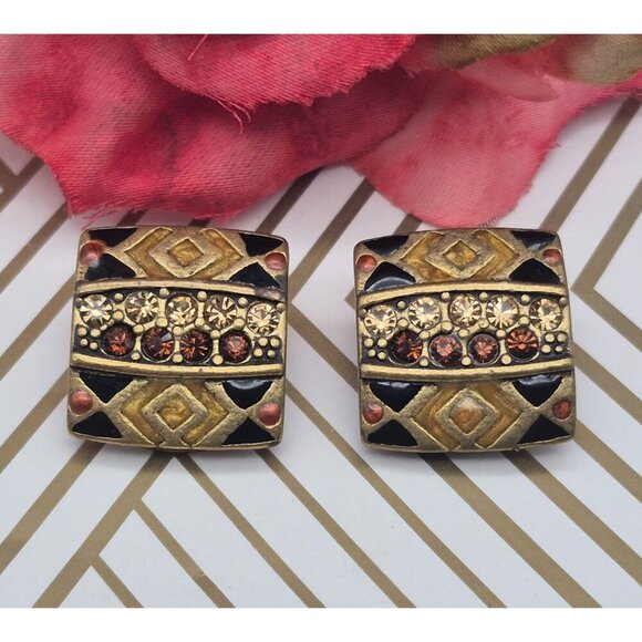 CHICOS Gold Tone Clip On Earrings Red & Yellow Crystal & Enamel Statement .75" - Picture 1 of 8